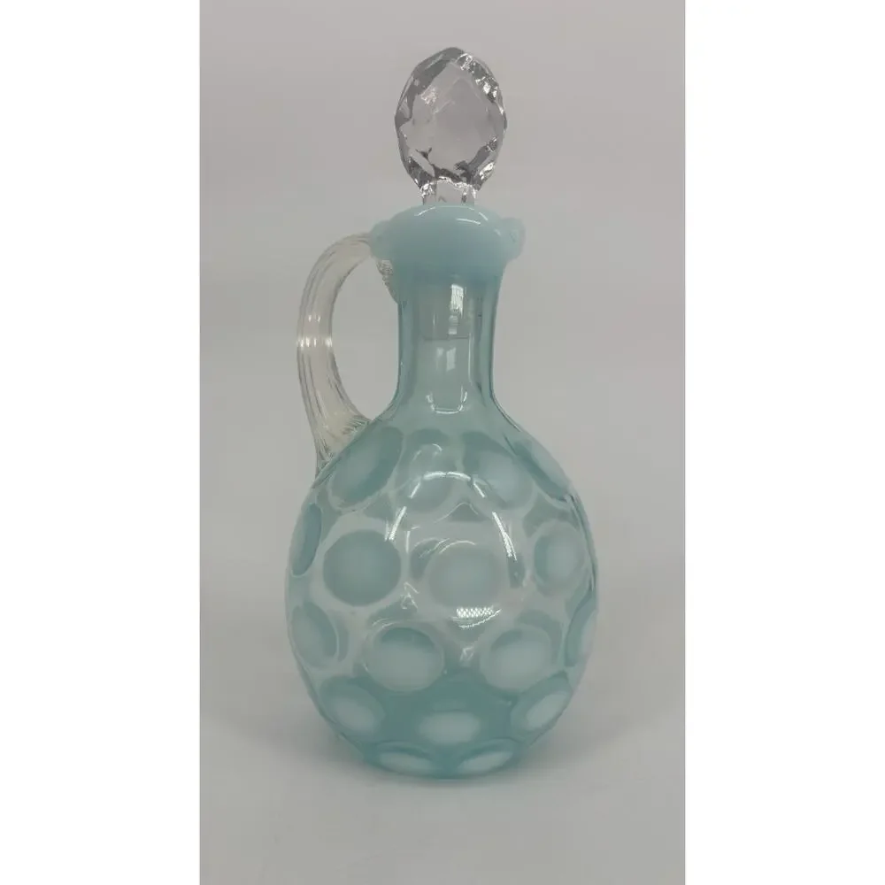 Vintage Fenton Blue Cruet Opalescent Coin Dot Cruet Ruffled Edge W/Stopper 7”